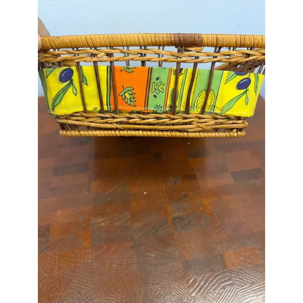 Vintage Woven Wicker Basket Lined with Colorful Fabric with Olive Motif